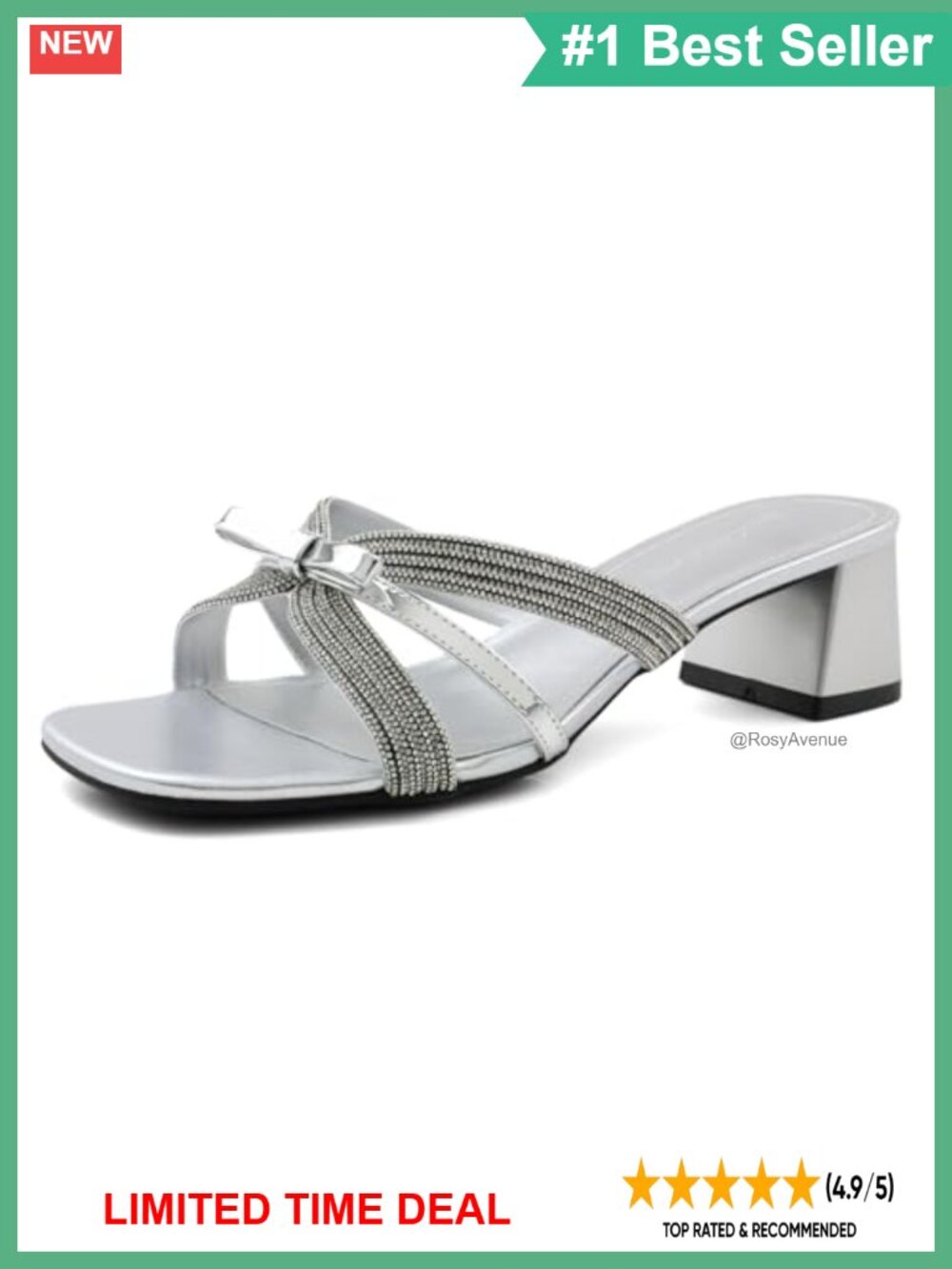 Women's Rhinestone Bow Low Block Heel Mule Dress Sandal Slip On